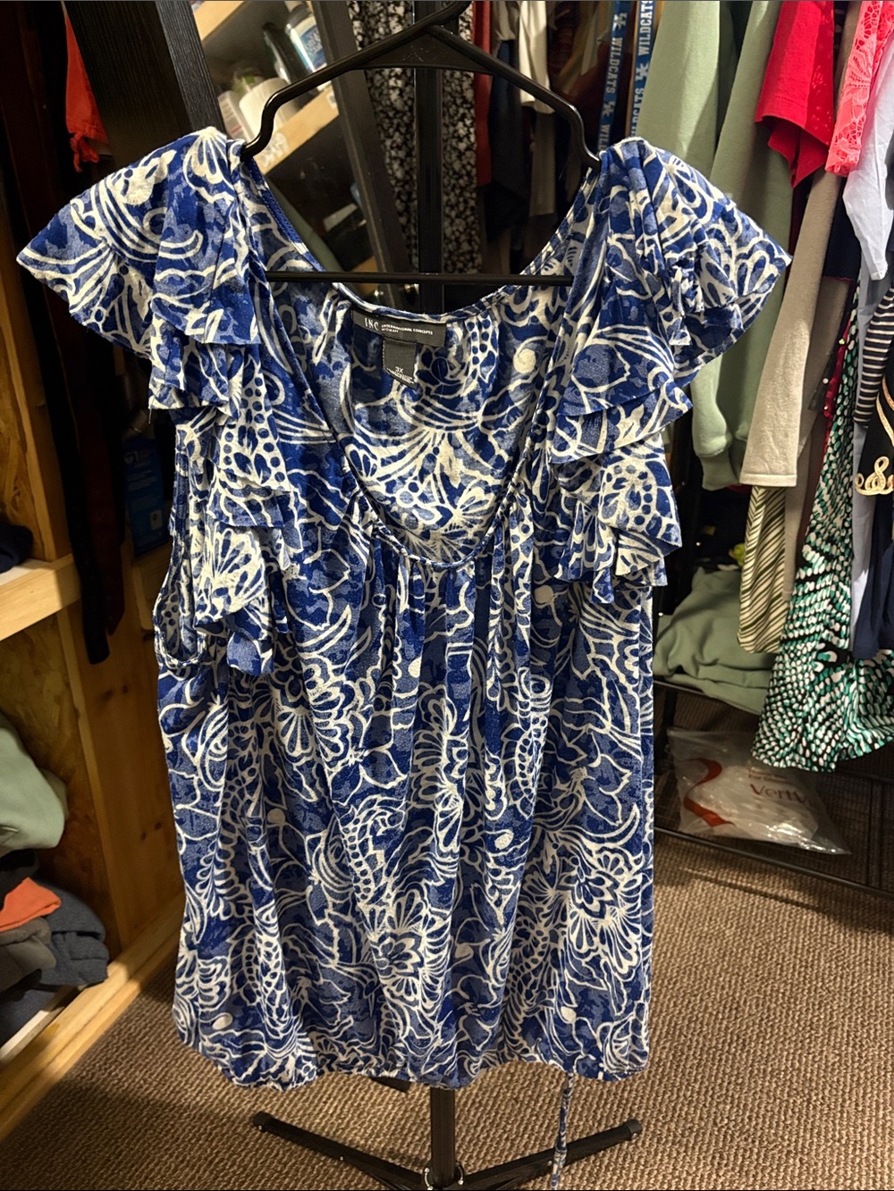 INC International Concepts Blue and White Ruffled Floral Blouse